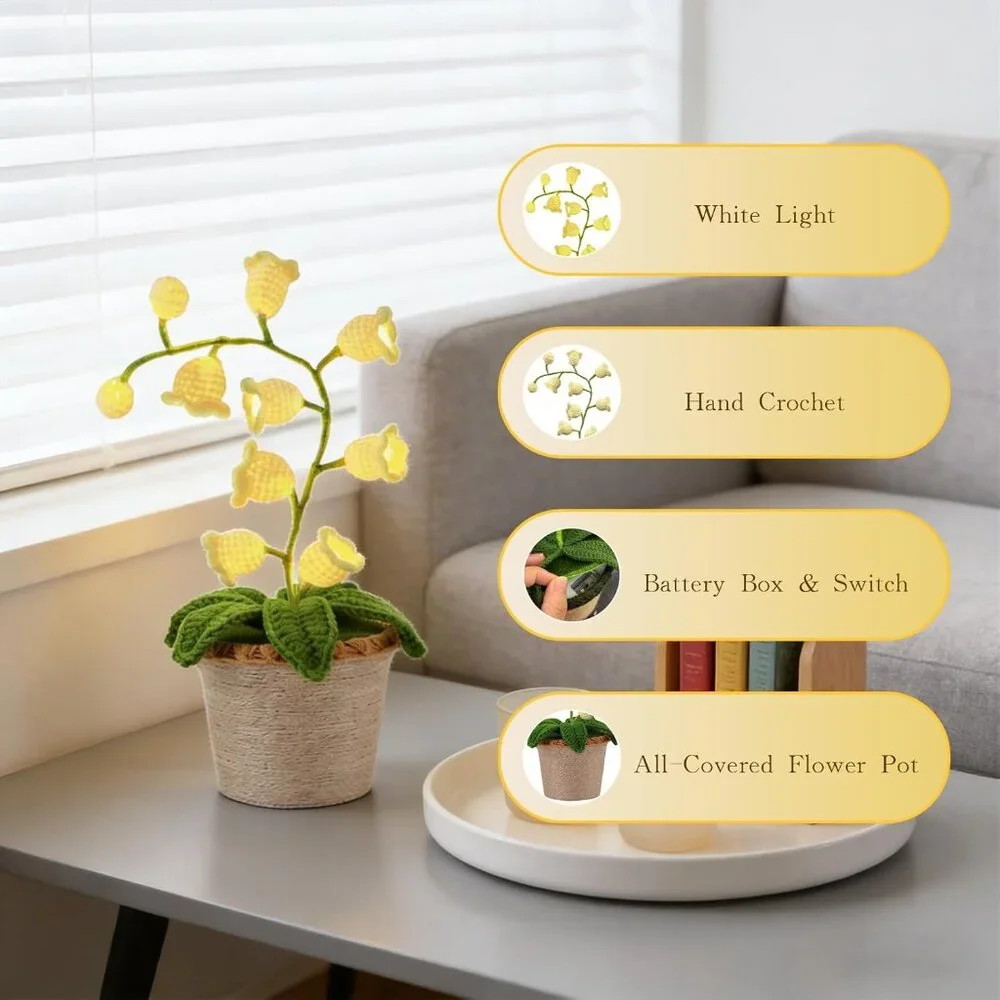 Artificial Cream Cute Lily Valley Flower Handmade Crochet Lamp Led Light Decor
